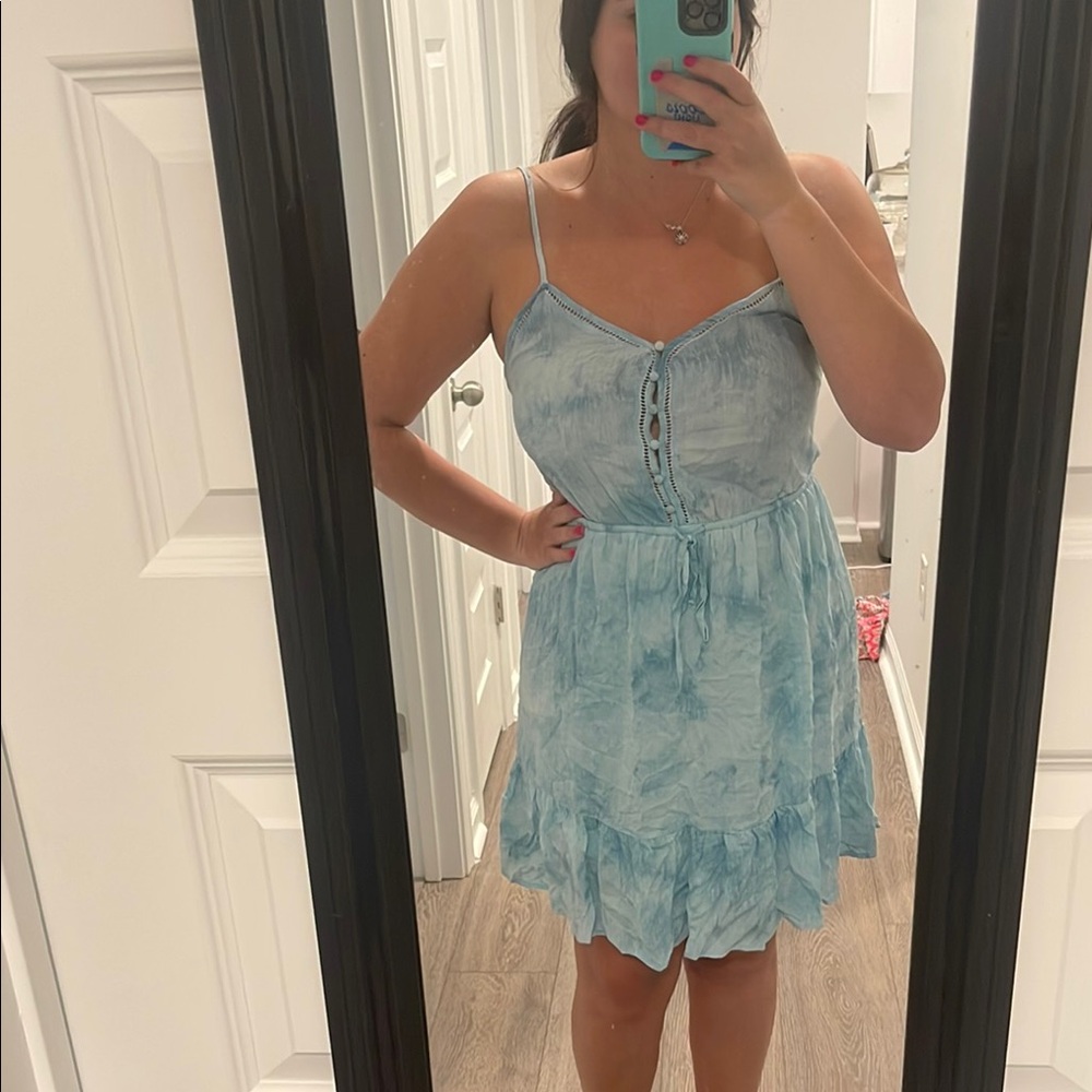 Light Blue Tie-Dye Spaghetti Strap Ruffle Hem Button Front Dress becool Large